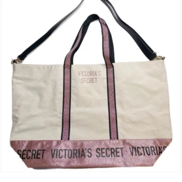 NEW Victoria's Secret Canvas Duffle Weekender Tote Bag pink glitter logo NWT - Picture 1 of 7